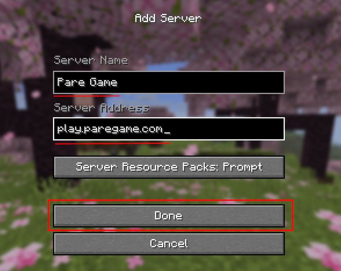 The Add Server form filled in — Server Name 'Pare Game', Server Address play.paregame.com — with the Done button highlighted.