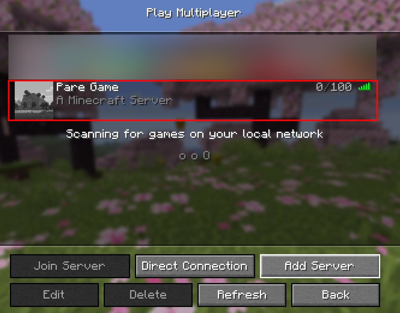 The Play Multiplayer list showing the added Pare Game server (0/100 online), selected and ready to join.